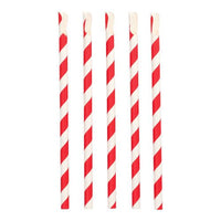Five PAPSTAR Drinking straws with spoons, red/white "Stripes" (23 cm, Ø 10 mm) from the PAPSTAR The GmbH logos stand upright in a row, each featuring diagonal red-and-white stripes and an angled, spoon-shaped tip on a white background.