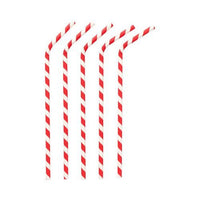 Five PAPSTAR Red/White "Stripes" Paper Straws, Flexible, 22 cm (PAPSTAR (GmbH) are arranged side by side on a white background; each eco-friendly stalk is bent at the top at the same angle.