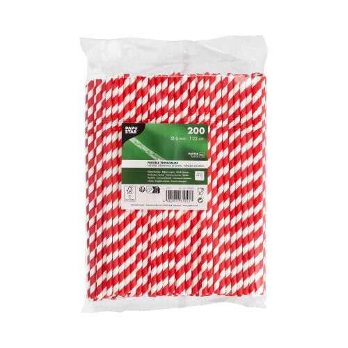 A clear plastic bag contains 200 PAPSTAR paper straws red/white "Stripes", flexible, 22 cm. The label of PAPSTAR GmbH shows size and eco-friendly paper material on a white background.