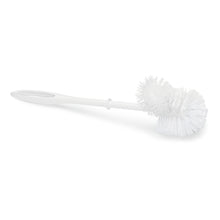 Eine Nölle Profi Brush WC-Bürste mit Randreiniger (38 cm, PP-Borste) von Nölle Profi Brush Bürsten- & Pinseltechnik e.K. mit weißem Langstiel, großem und kleinem Doppelrundkopf liegt auf weißem Grund.