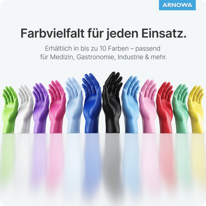 Eine Reihe von ARNOMED NITRIL ICE BLUE Einmalhandschuhen aus Nitril Hellblau der ARNOWA GmbH wird auf einer reflektierenden Fläche ausgestellt, um ihre Eignung für Medizin, Gastronomie und Industrie zu unterstreichen.