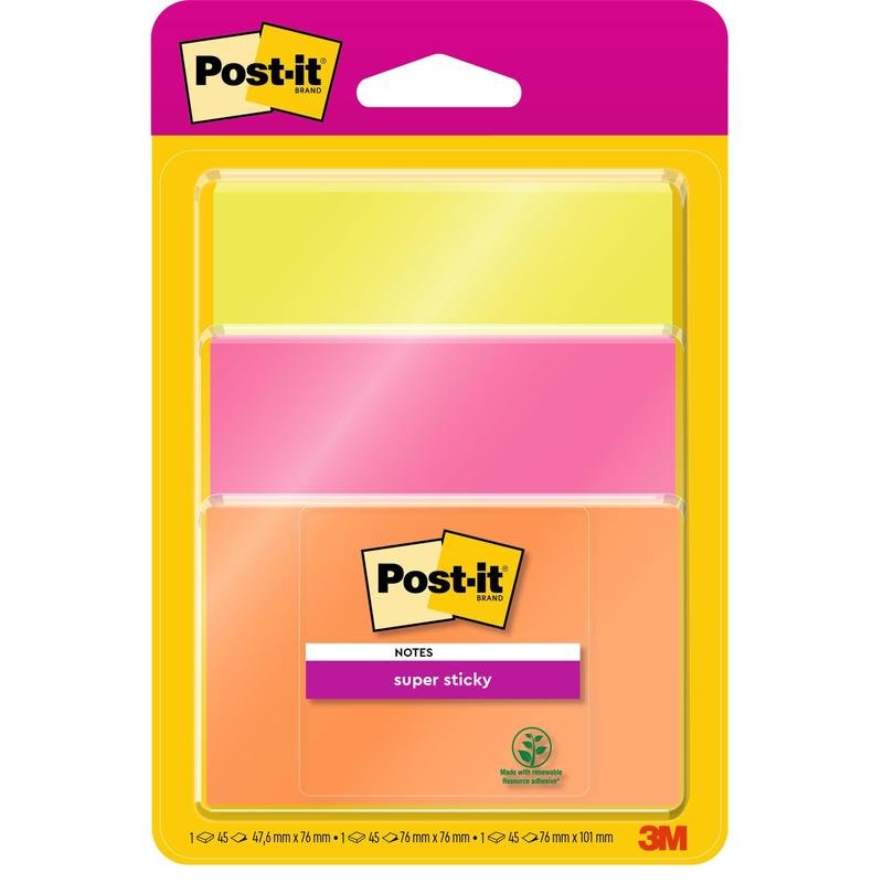 Un paquete de notas adhesivas Post-it® Super Sticky de 3M Deutschland GmbH contiene 3 bloques certificados PEFC (76x76 mm, 45 hojas cada uno) en varios colores. El embalaje muestra la marca Post-it® y la etiqueta de notas adhesivas con el logotipo de 3M.