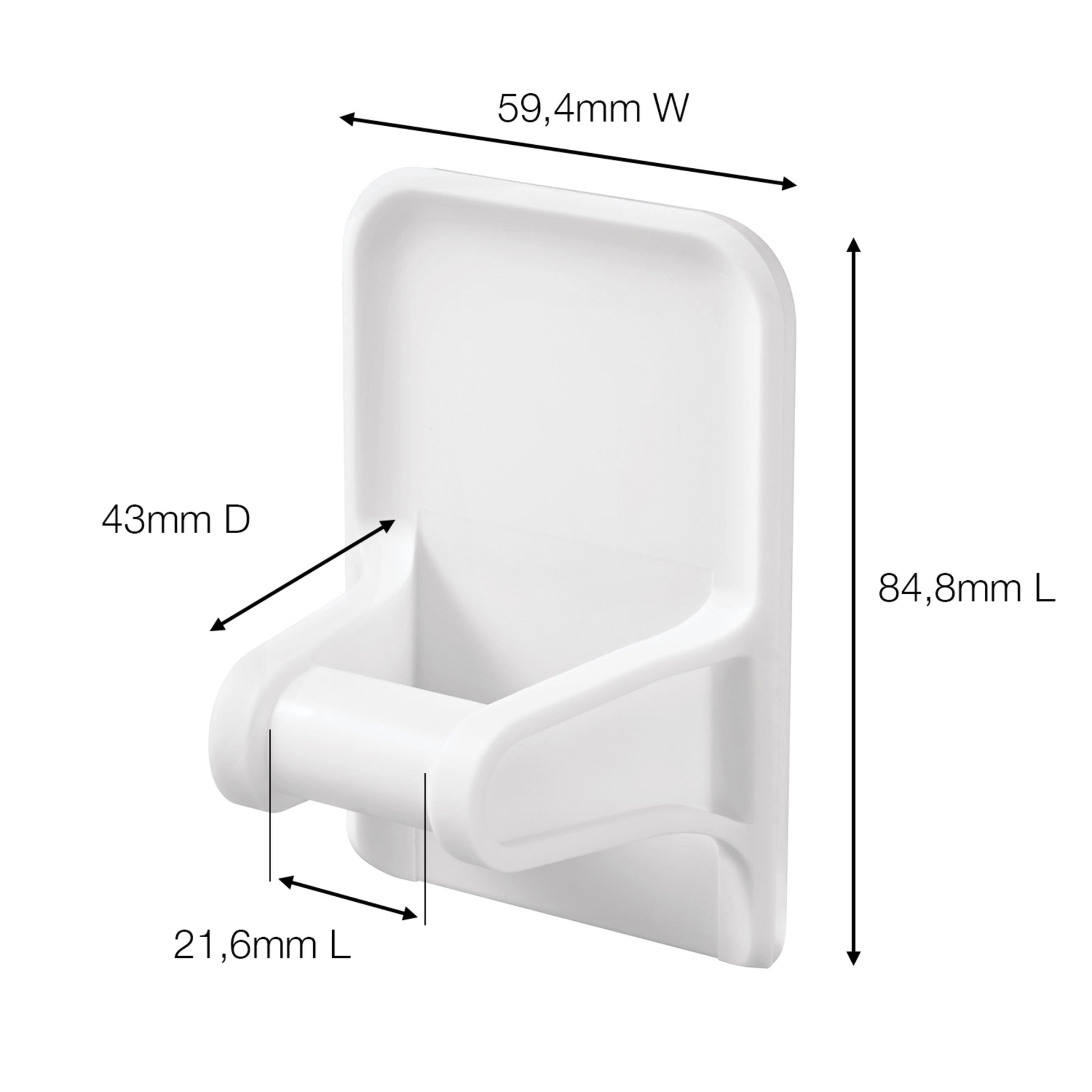 Der Command™ Sprühflaschenaufhänger 17009 von 3M Deutschland GmbH ist ein weißer Kunststoff-Wandhalter (59,4 mm breit, 84,8 mm lang, 43 mm tief, untere Ablage 21,6 mm), Maße mit schwarzen Pfeilen gekennzeichnet.