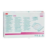 Una caja rectangular de 3M Tegaderm CHG (gluconato de clorhexidina, vendaje de fijación intravenoso) (7 x 8,5 cm) de Solventum Germany GmbH contiene instrucciones y especificaciones en varios idiomas en un envase predominantemente blanco con detalles en azul y rojo, destinado a la prevención de infecciones relacionadas con catéteres.