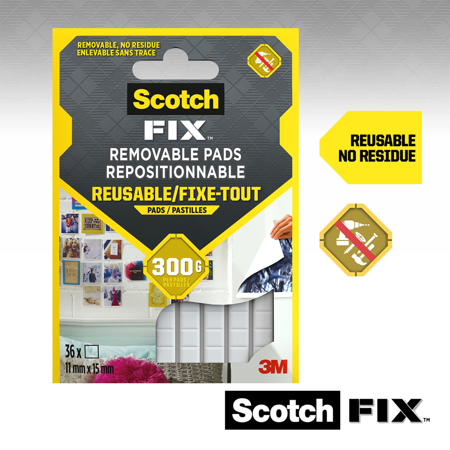Abgebildet ist eine Packung Scotch-FIX™ Ablösbare Klebepads 301008C36-P von 3M Deutschland GmbH (11 mm x 15 mm, 36 Stück). Die Verpackung enthält den Hinweis "Wiederverwendbar, rückstandsfrei" und zeigt weiße Klebepads, die ideal für die Befestigung von Gegenständen sind, ohne die Wand zu beschädigen.