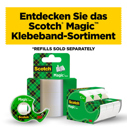 Deutsche Werbung für 3M Deutschland GmbH: Scotch® Magic™ Unsichtbares Klebeband, 2 Rollen (19 mm x 12 m + 3,2 m GRATIS) plus 1 Handabroller. Grün-karierte Produkte unter gelbem Banner. Hinweis: Nachfüllungen separat erhältlich.