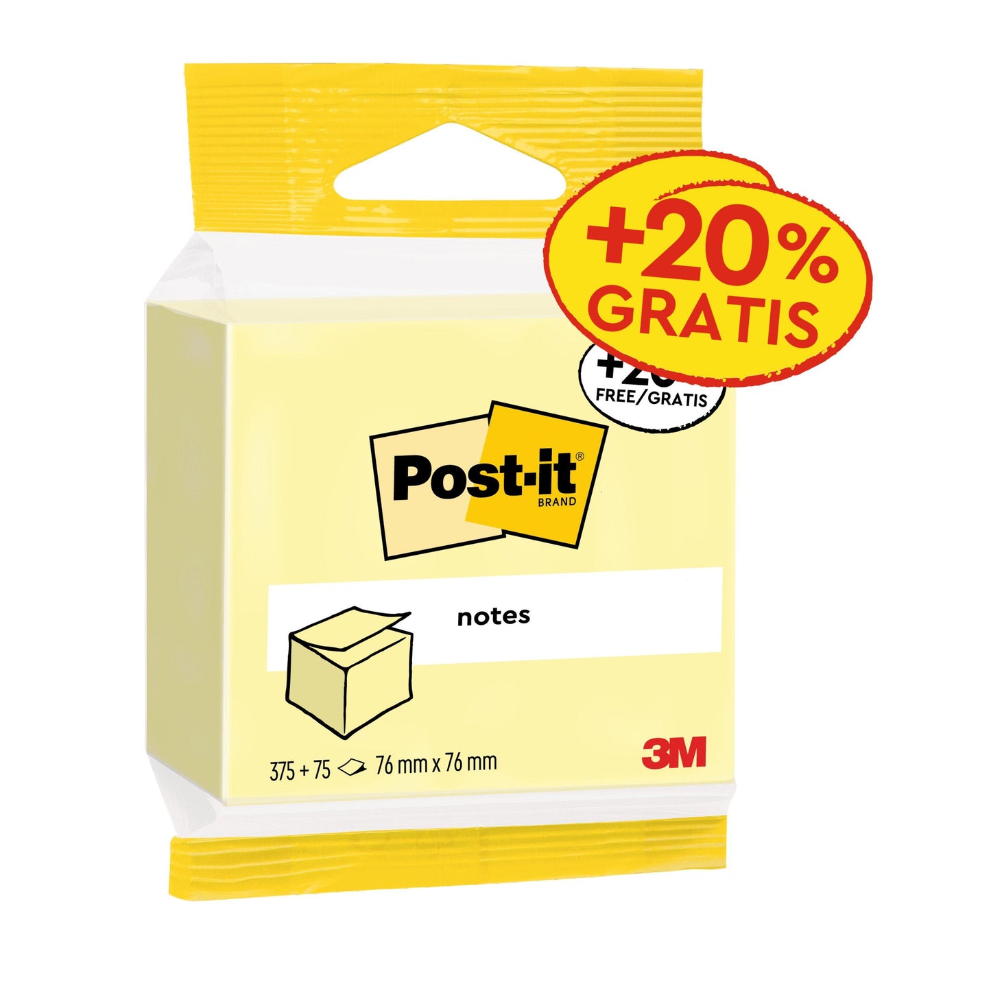 Eine Packung 3M Post-it® Notes, gelb, 76 mm x 76 mm, mit 450 Blatt pro Block (1 Block/Packung), PEFC-zertifiziert (SGSCH-PEFC-COC-110078), von 3M Deutschland GmbH.