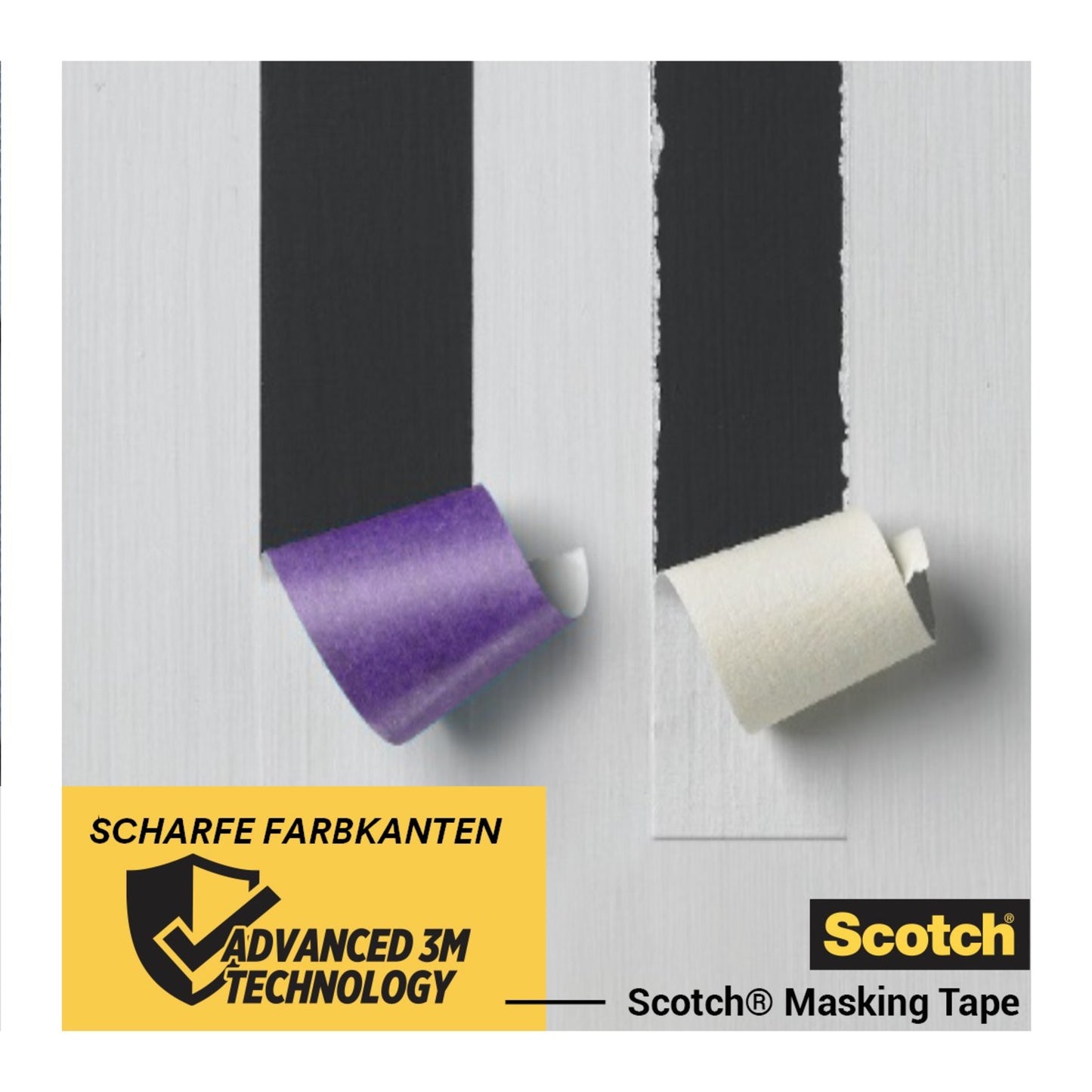 Zwei Streifen Klebeband - lila und weiß - werden von einer lackierten Oberfläche abgezogen, wobei scharfe Lackkanten zum Vorschein kommen. Die Szene zeigt Scotch® Malerabdeckband für empfindliche Oberflächen von 3M Deutschland GmbH, mit einem Etikett, auf dem steht: "Scharfe Farbkanten, fortschrittliche 3M Technologie.