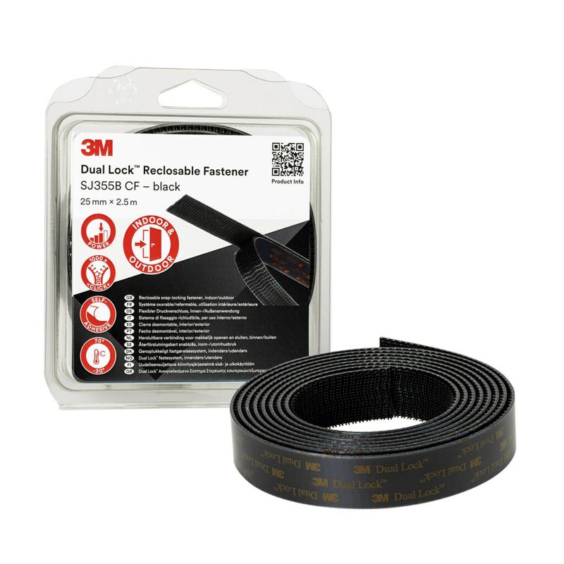 3M™ Dual Lock™ fleksibel trykkfeste SJ355B, svart, 25 mm x 2,5 m, 5,7 mm, 40 hoder/cm², individuelt pakket | Pakke (1 rull)
