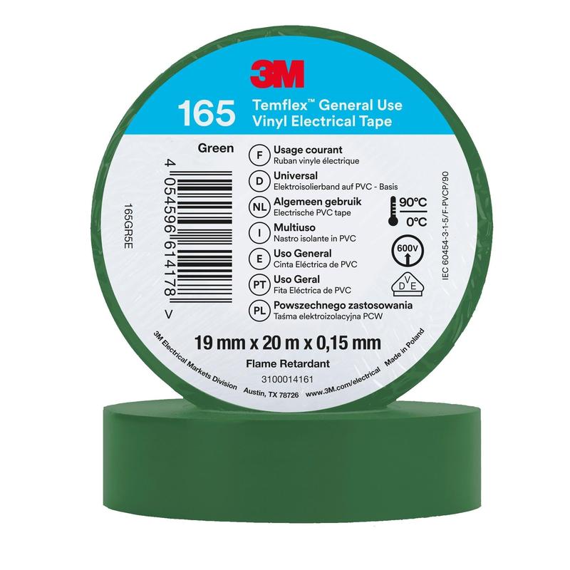 3M™ Temflex™ Cinta aislante de vinilo 165, verde - Cinta aislante eléctrica