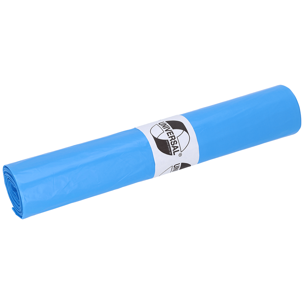 Un rollo de EMIL DEISS KG (GmbH + Co.) DEISS 40009 bolsas de basura, 700x700x0,02 mm azul (50 piezas), muestra una etiqueta "UNIVERSAL" blanca con un logotipo circular sobre un fondo blanco sólido.