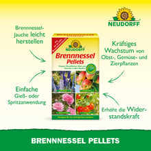 In der Mitte steht eine Schachtel Neudorff Shop Brennnessel Pellets mit einem Text, der die Vorteile für das Pflanzenwachstum, die Schädlingsresistenz und die einfache Anwendung beschreibt. Die umliegenden Fotos zeigen gesunde Blüten, Früchte und Blätter.
