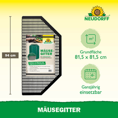 Neben der Verpackung ist ein rechteckiges schwarzes Mäusegitter aus dem Neudorff Shop abgebildet. Mit einer Höhe von 94 cm und einer Fläche von 81,5 x 81,5 cm ist es ideal für die Verwendung mit Thermokomposter oder DuoTherm. Die ganzjährige Verwendbarkeit wird durch Icons angezeigt.