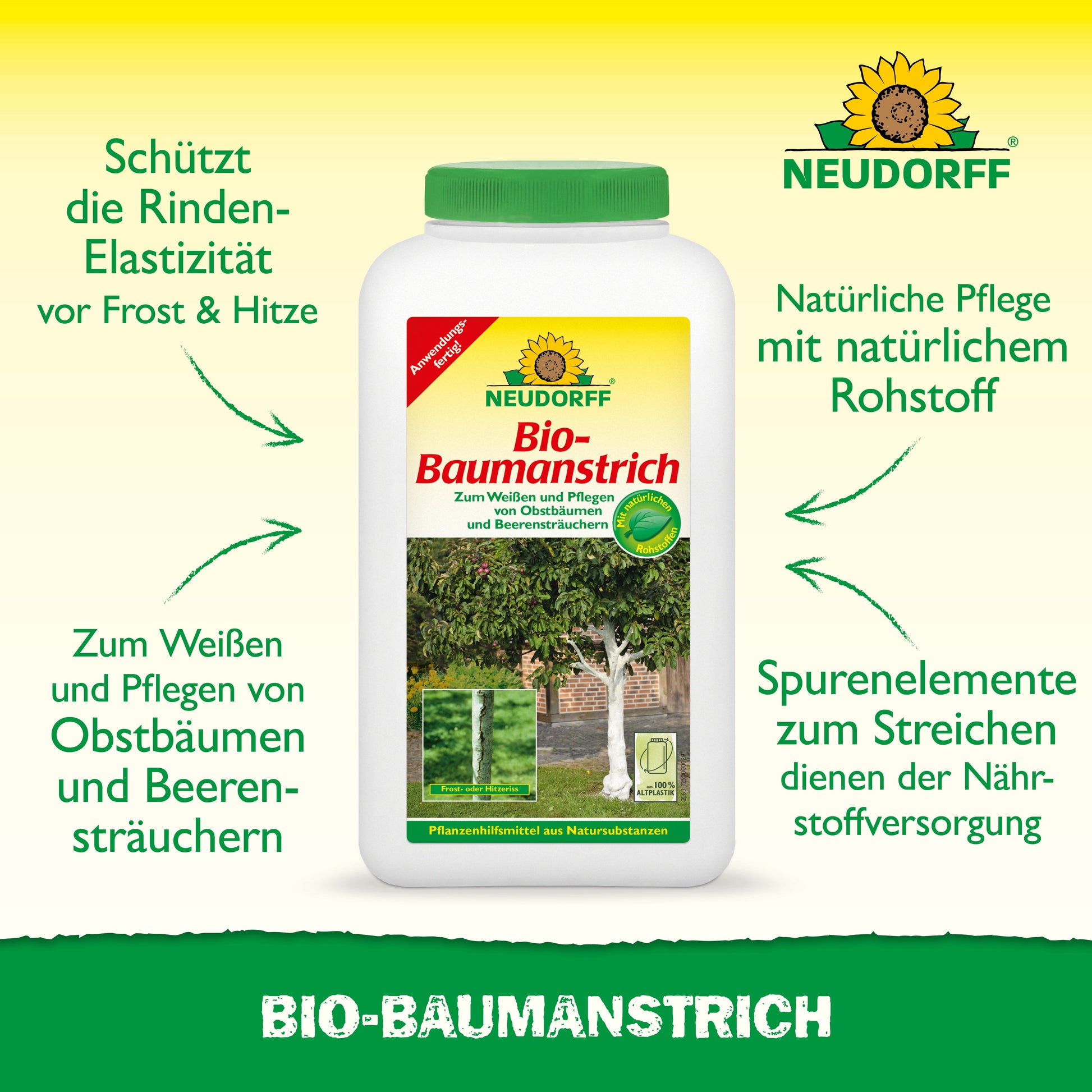 Ein Behälter mit Bio-Baumanstrich von Neudorff Shop steht mittig auf einem gelben Hintergrund mit grünem Text über die Pflege und den Schutz von Baumrinde. Auf dem Etikett sind Bäume und Anwendungsbeispiele für die natürliche Baumpflege abgebildet.