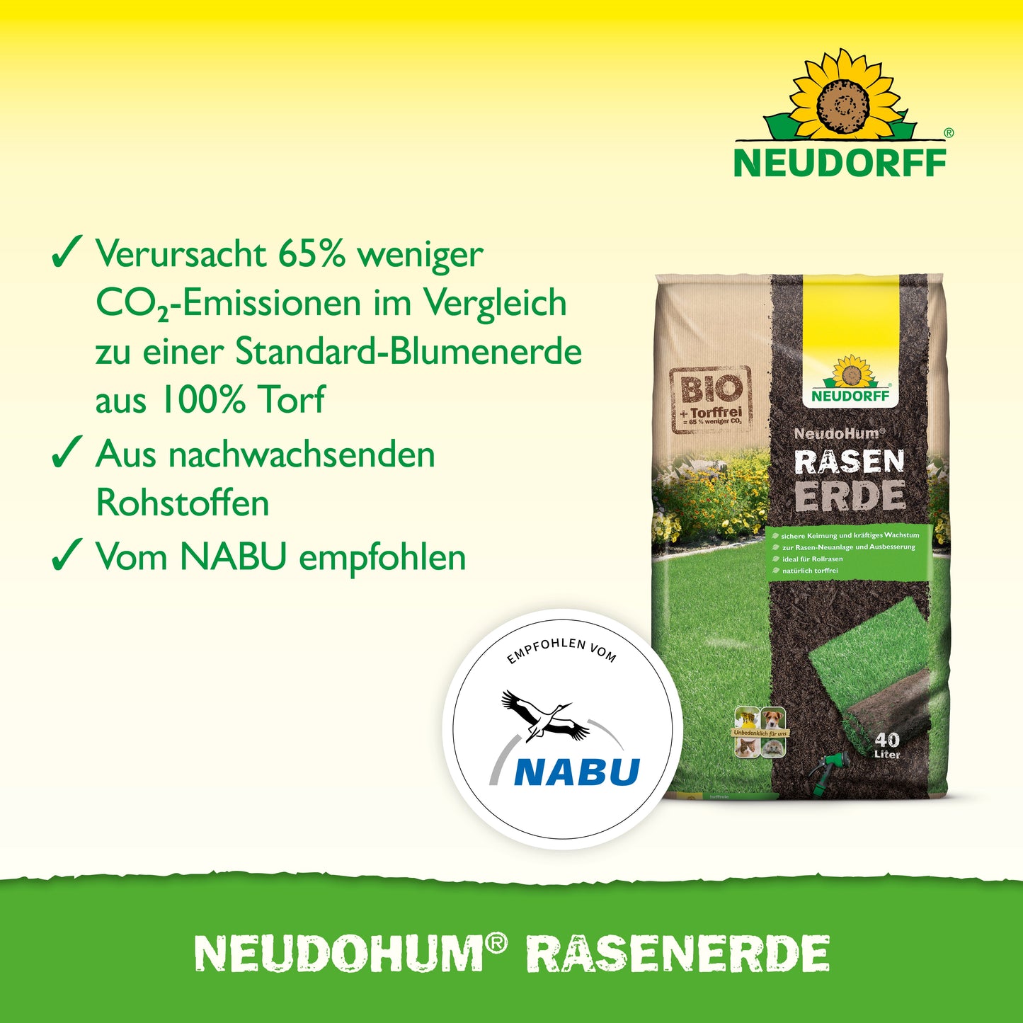 Eine Tüte NeudoHum RasenErde von Neudorff Shop steht aufrecht auf einer grünen Fläche, ideal zum Rasen anlegen. Piktogramme und Texte weisen auf reduzierte CO₂-Emissionen, nachwachsende Rohstoffe und eine NABU-Empfehlung hin.