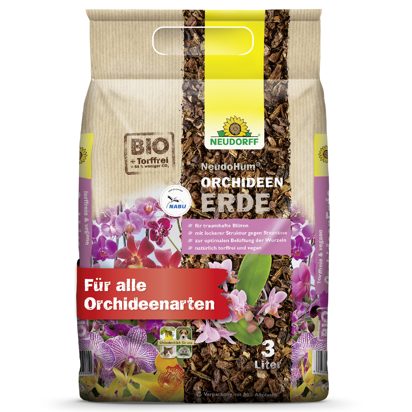 Ein 3-Liter-Beutel NeudoHum OrchideenErde von Neudorff Shop, mit Orchideenmotiven auf der Verpackung. Sie ist für alle Orchideen geeignet, unterstützt ein gesundes Wurzelwachstum und macht die Pflege Ihrer Pflanzen einfach.