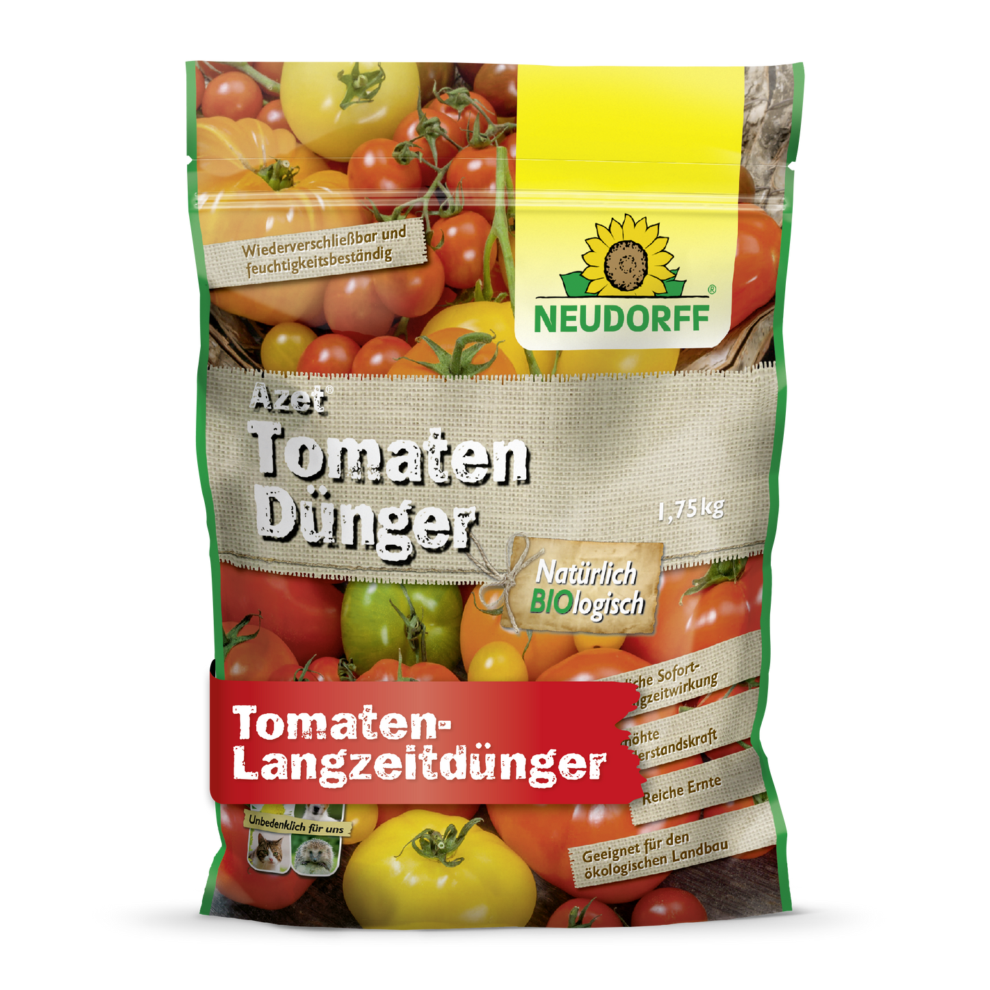 Azet TomatenDünger aus dem Neudorff Shop ist ein 1,75 kg schwerer organischer Tomatendünger, verpackt mit Abbildungen von roten und gelben Tomaten und grünen, gelben und roten deutschen Etiketten.