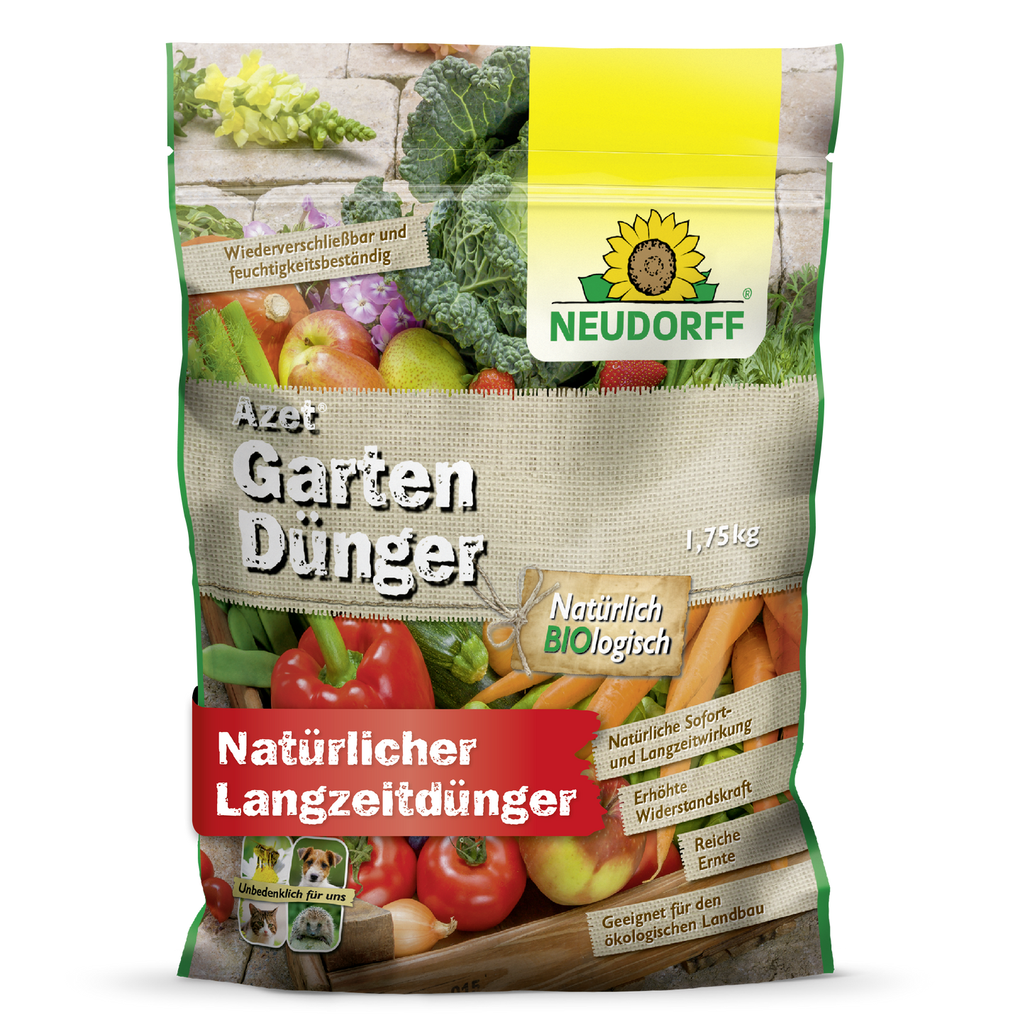 Ein 1,75-kg-Beutel Neudorff Shop Azet GartenDünger, ein organischer Volldünger für den Langzeiteinsatz im ökologischen Gartenbau, zeigt auf der grün-gelben Verpackung leuchtendes Gemüse und ein Sonnenblumen-Logo.