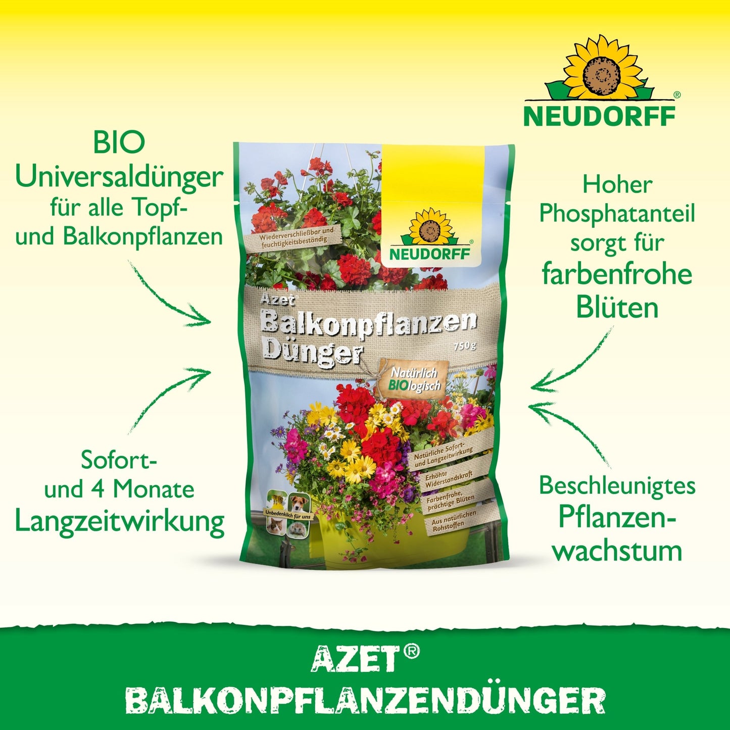 El fertilizante para plantas de balcón Azet de Neudorff Shop es ideal para flores de verano en jardineras de balcón y contiene fertilizantes orgánicos de alta calidad para un crecimiento vigoroso y flores brillantes.