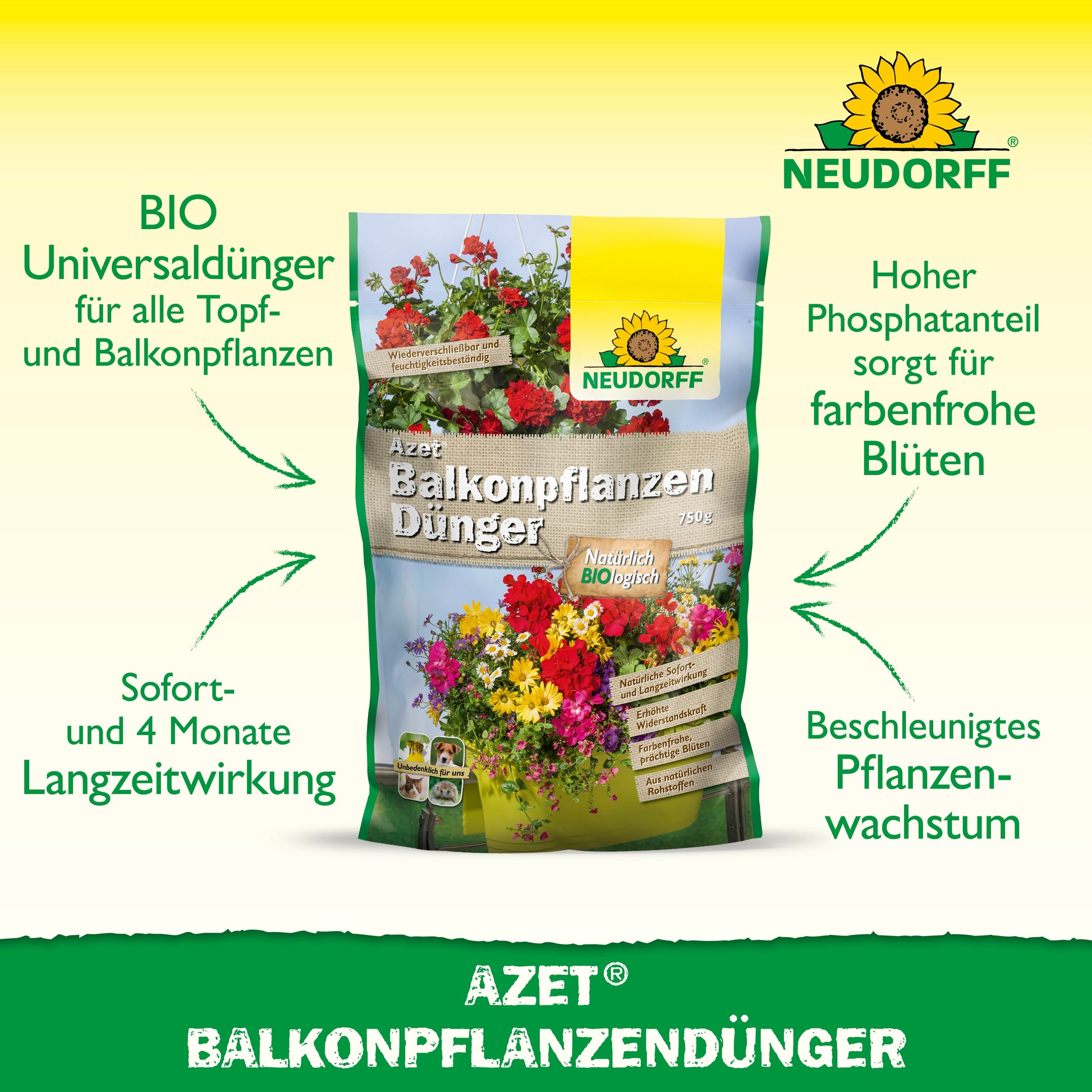 Neudorff Shop Azet BalkonpflanzenDünger ist ideal für Sommerblumen in Balkonkästen und enthält hochwertige organische Volldünger für kräftiges Wachstum und leuchtende Blüten.