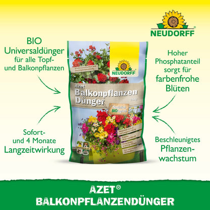El fertilizante para plantas de balcón Azet de Neudorff Shop es ideal para flores de verano en jardineras de balcón y contiene fertilizantes orgánicos de alta calidad para un crecimiento vigoroso y flores brillantes.