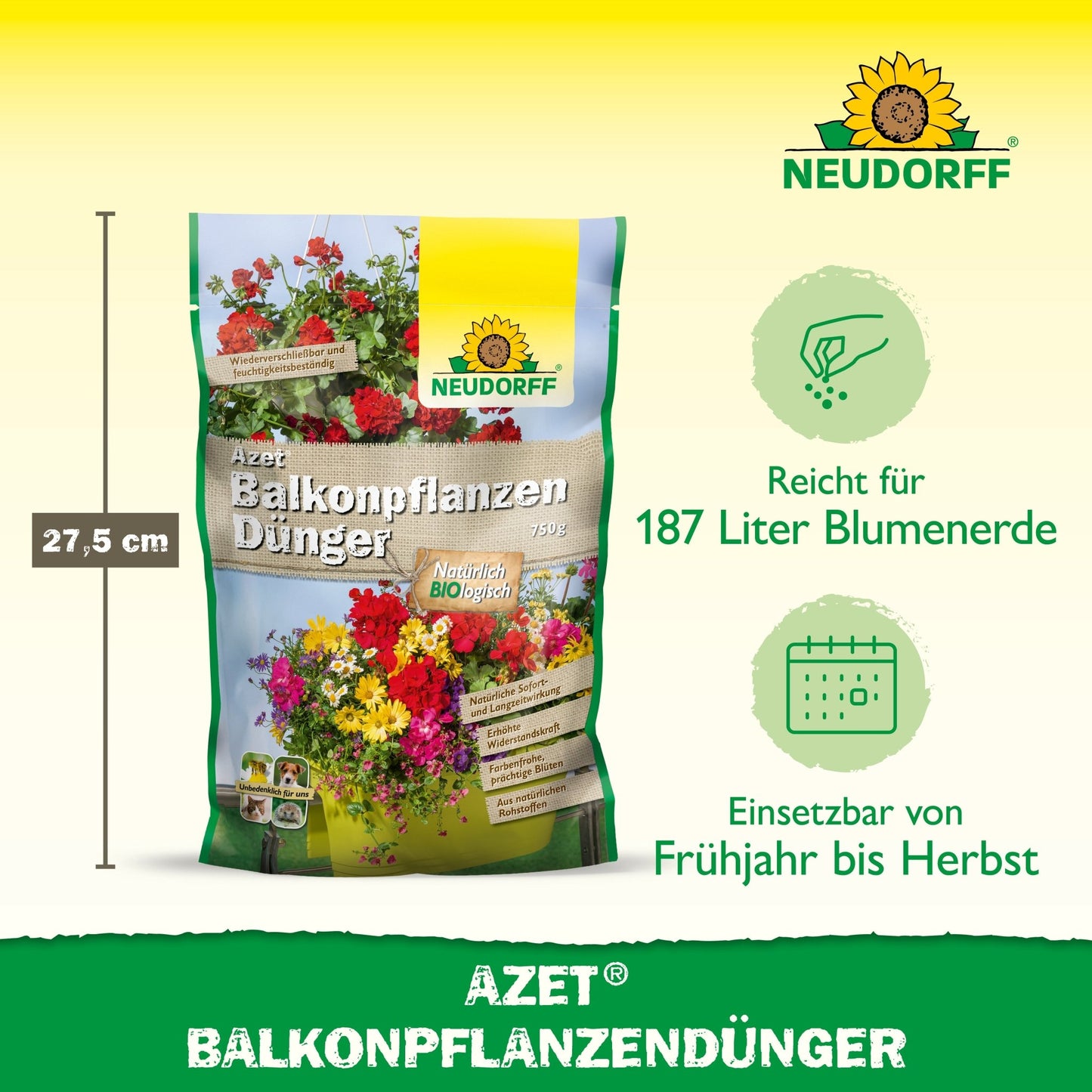Una bolsa con el fertilizante para plantas de balcón Azet de Neudorff Shop está de pie. El empaque muestra flores de verano y detalles: 27,5 cm de altura, adecuado para 187 L de tierra en jardineras de balcón, efectivo desde primavera hasta otoño.