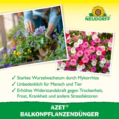 Una persona planta flores de verano brillantes en una maceta. Al lado se ven petunias floreciendo en primer plano. En el texto debajo se presenta el fertilizante para plantas de balcón Azet de Neudorff Shop, un fertilizante orgánico completo, perfecto para jardineras de balcón.