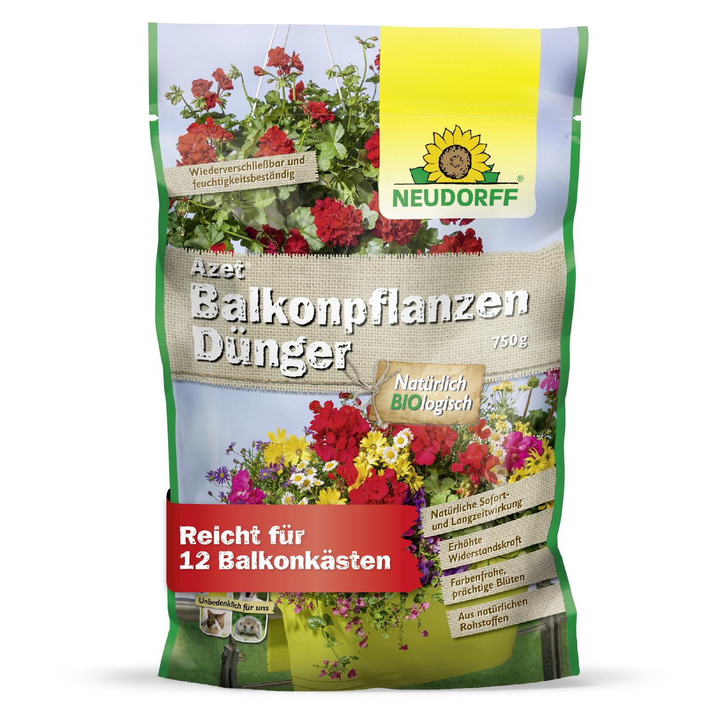 El fertilizante para plantas de balcón Azet de Neudorff Shop viene en una bolsa de 750g con imágenes de flores de verano, es biológico y adecuado para hasta 12 jardineras de balcón.