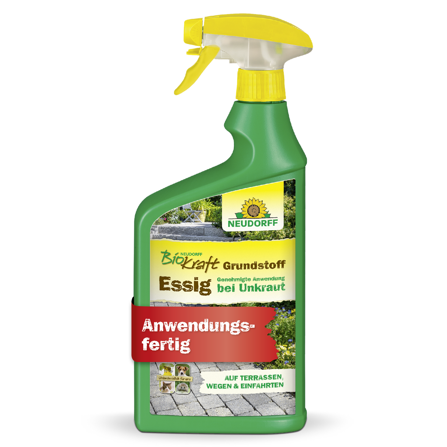 Eine grüne Sprühflasche mit der Aufschrift "Neudorff BioKraft Grundstoff Essig" aus dem Neudorff Shop, mit gelb/weißer Schrift, gelber Düse und einem roten "Anwendungsfertig"-Banner. Das Etikett zeigt Wege und Terrassen für unkrautfreie Flächen.