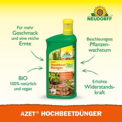 Una botella de plástico verde de Neudorff Shop Azet HochbeetDünger líquido con tapa amarilla, con un texto sobre los nutrientes biológicos y vegetales para jardines elevados que mejoran el sabor y el rendimiento y apoyan un crecimiento saludable de las plantas.