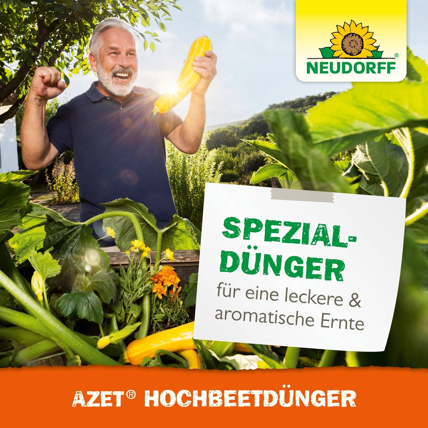 Un hombre mayor con cabello y barba grises celebra en un jardín de bancales elevados exuberante y sostiene un calabacín amarillo en la mano. En un cartel se lee "Fertilizante especial para una cosecha deliciosa y aromática". Logotipo de Neudorff Shop Azet HochbeetDünger líquido arriba a la derecha.