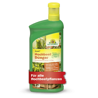 Una botella de plástico verde de Neudorff Shop Azet HochbeetDünger líquido con tapa amarilla, etiquetada con 100% Bio, rica en nutrientes, ideal para plantas de bancales elevados y con verduras en la parte delantera.
