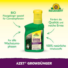 Eine grüne Flasche Neudorff Shop Azet GrowDünger ist auf einem gelben Hintergrund zentriert, mit deutschem Text, der die organischen Inhaltsstoffe und die Vorteile für das Pflanzenwachstum hervorhebt, ideal zur Unterstützung reicher Cannabisernten.