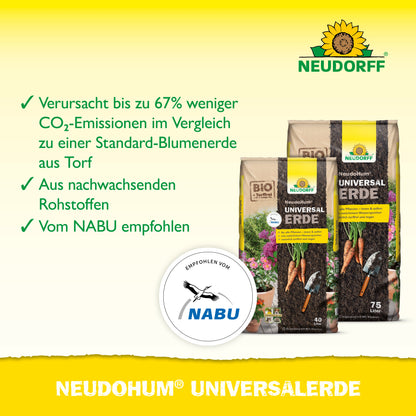 Zwei Säcke NeudoHum UniversalErde aus dem Neudorff Shop werden mit den deutschen Vorteilen gezeigt: reduzierter CO2-Ausstoß, nachwachsende Rohstoffe, torffrei und NABU-Empfehlung. Auch das NABU-Logo ist zu sehen.