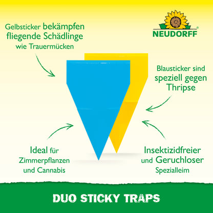 Abgebildet sind zwei Duo-Klebefallen von Neudorff Shop mit deutschem Text zur Bekämpfung von Thripsen und Trauermücken. Das Neudorff-Logo mit der Sonnenblume ist oben rechts auf grünem Hintergrund zu sehen.