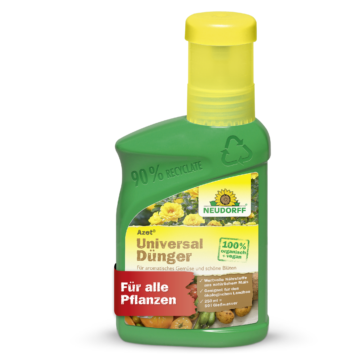 Auf einer grünen Plastikflasche von Neudorff Shop Azet UniversalDünger flüssig mit gelbem Verschluss, auf der "Für alle Pflanzen" und "100% organisch vegan" steht, sind Gemüse und Blumen abgebildet, was das ausgewogene Nährstoffverhältnis unterstreicht.