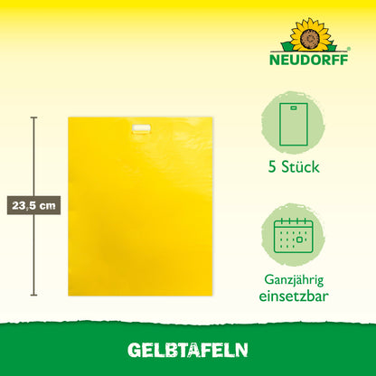 Abgebildet ist eine 23,5 cm gelbe Gelbtafel (großformatig) aus dem Neudorff Shop für den Gewächshausgebrauch. Packung mit 5 Stück, ganzjährig geeignet. Sonnenblumen-Logo oben rechts; "Gelbtafeln" unten gegen Pflanzenschädlinge.