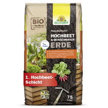 Ein 75-Liter-Sack NeudoHum Hochbeet & GewächshausErde von Neudorff Shop, eine humusreiche Erde und Pflanzsubstrat für Hochbeete und Gewächshäuser. Die Verpackung zeigt Gemüse, Bodenschichten und Produktdetails in deutscher Sprache.
