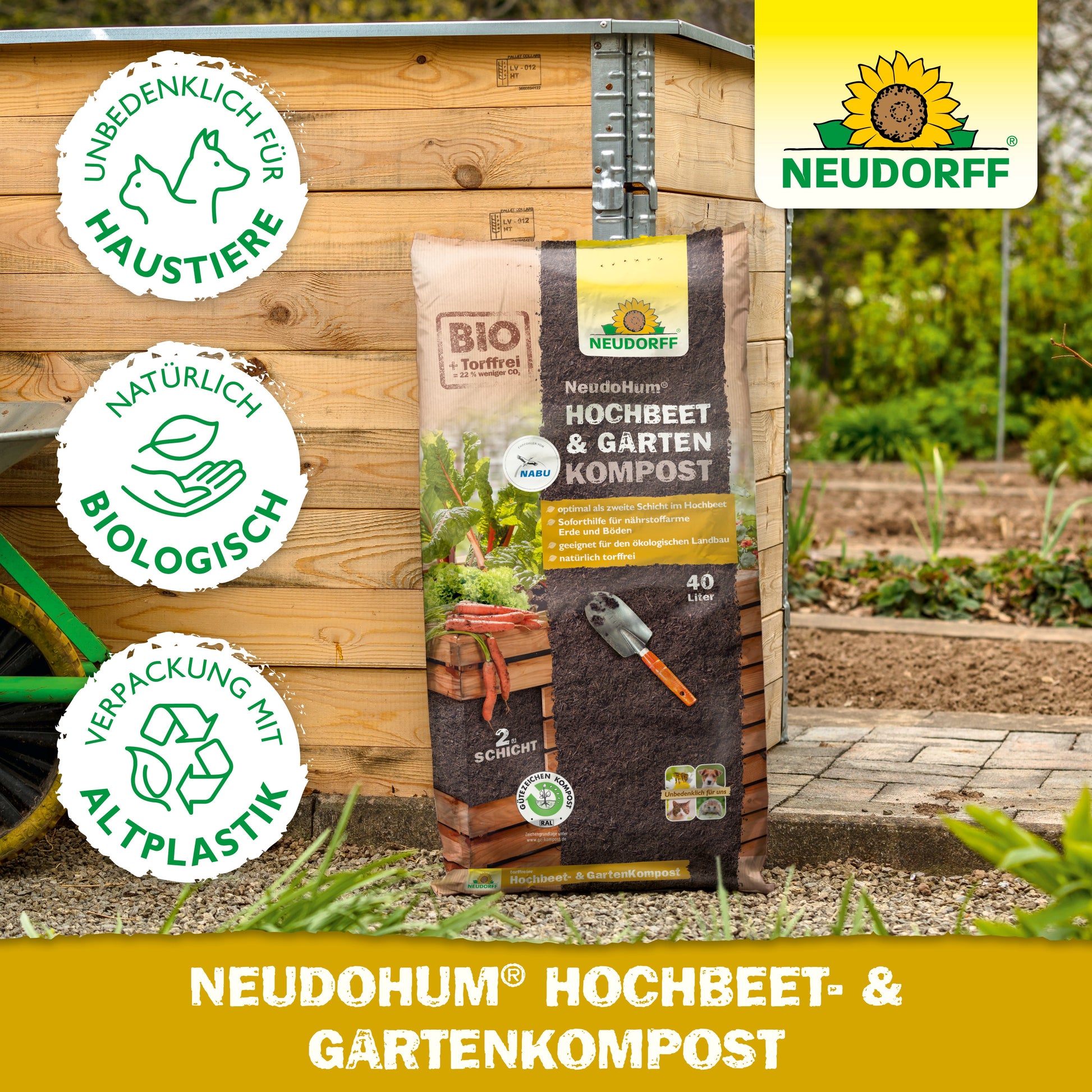 Ein Beutel NeudoHum Hochbeet- & GartenKompost aus dem Neudorff Shop liegt vor einem hölzernen Hochbeet - perfekt als Pflanzsubstrat oder Erdschicht. Icons zeigen, dass es tierfreundlich, natürlich, biologisch und in Biokunststoff verpackt ist.