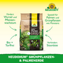 Ein Beutel mit NeudoHum Grünpflanzen- & PalmenErde von Neudorff Shop steht aufrecht, mit grünem und gelbem Branding. Der Text hebt die Vorteile für das Wurzel- und Pflanzenwachstum, die natürliche Wasserspeicherung und die Eignung für Zimmerpflanzen und Palmen hervor.