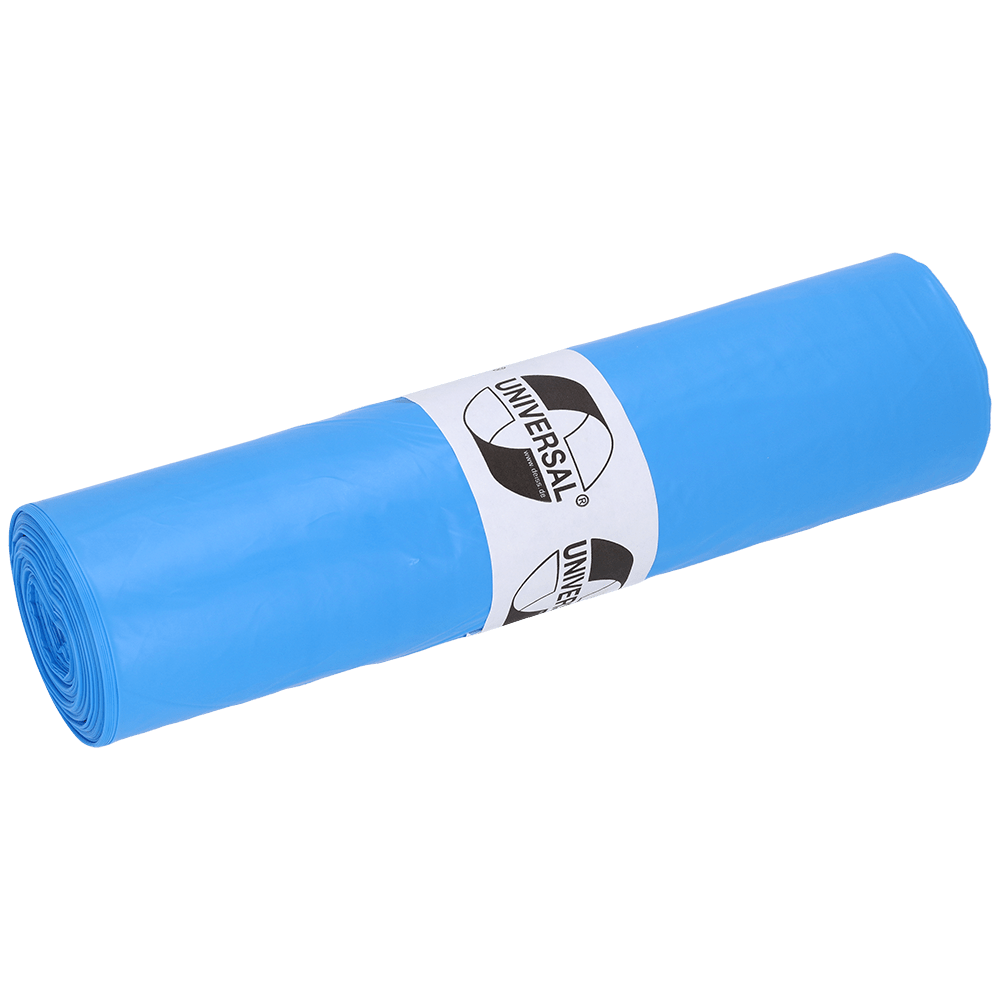 Un rollo de bolsas de basura DEISS 40104 de EMIL DEISS KG, 630x800x0,023 mm, azul, rollo con 50 piezas. La etiqueta blanca muestra "UNIVERSAL" y el logo en blanco y negro. Práctico como bolsas de basura para una eliminación versátil.