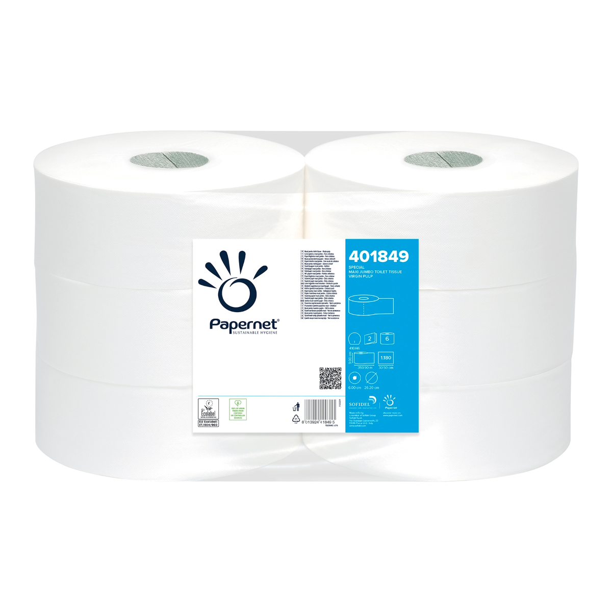 Papernet Maxi, pulpa de 2 lg, 360m, Ø rollo 26,20cm, 1180 hojas. ESPECIAL Blanco ECO | Caja (1 paquete)