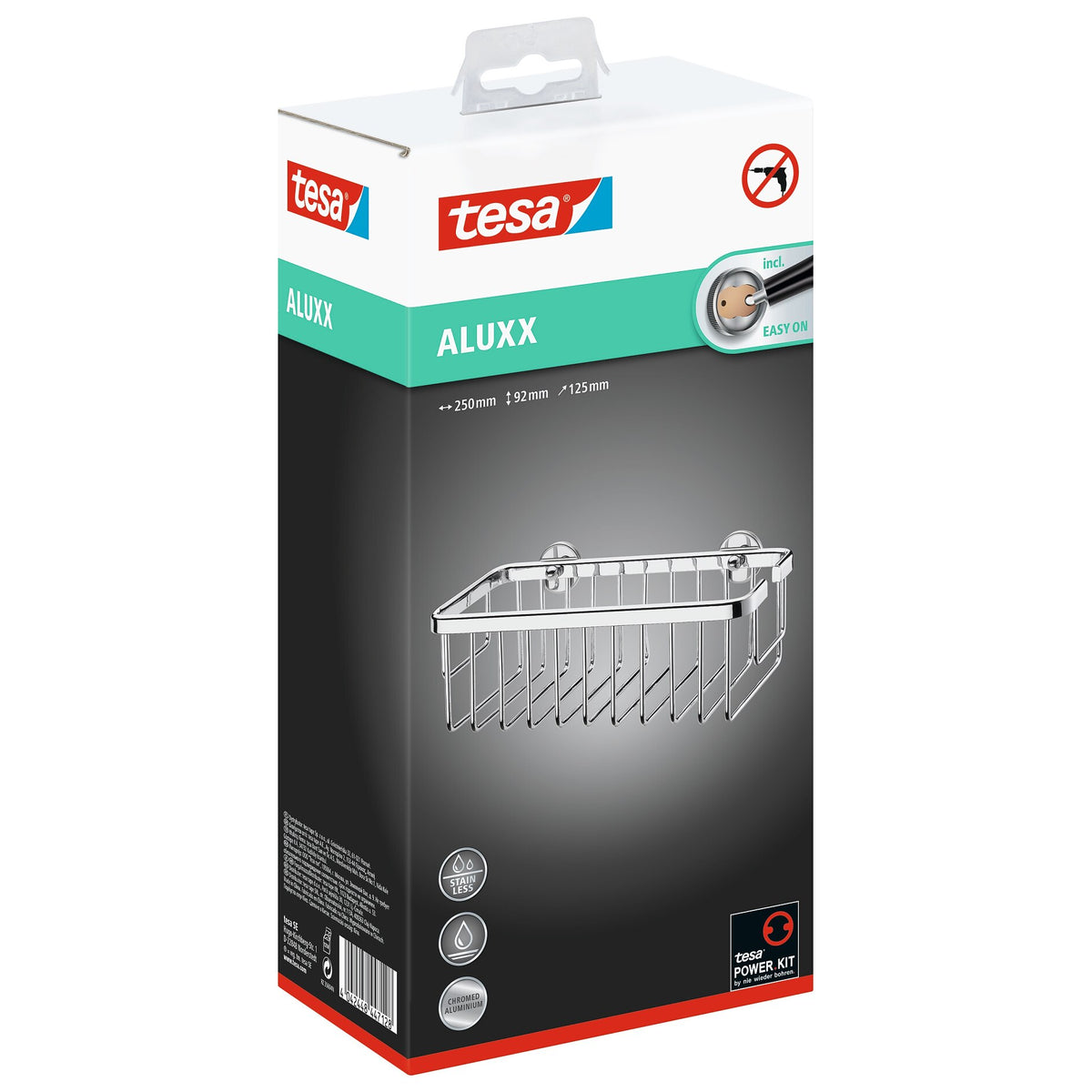 Cesta de ducha tesa ALUXX de un solo nivel, extra profunda, de aluminio, cromada, con solución adhesiva incluida