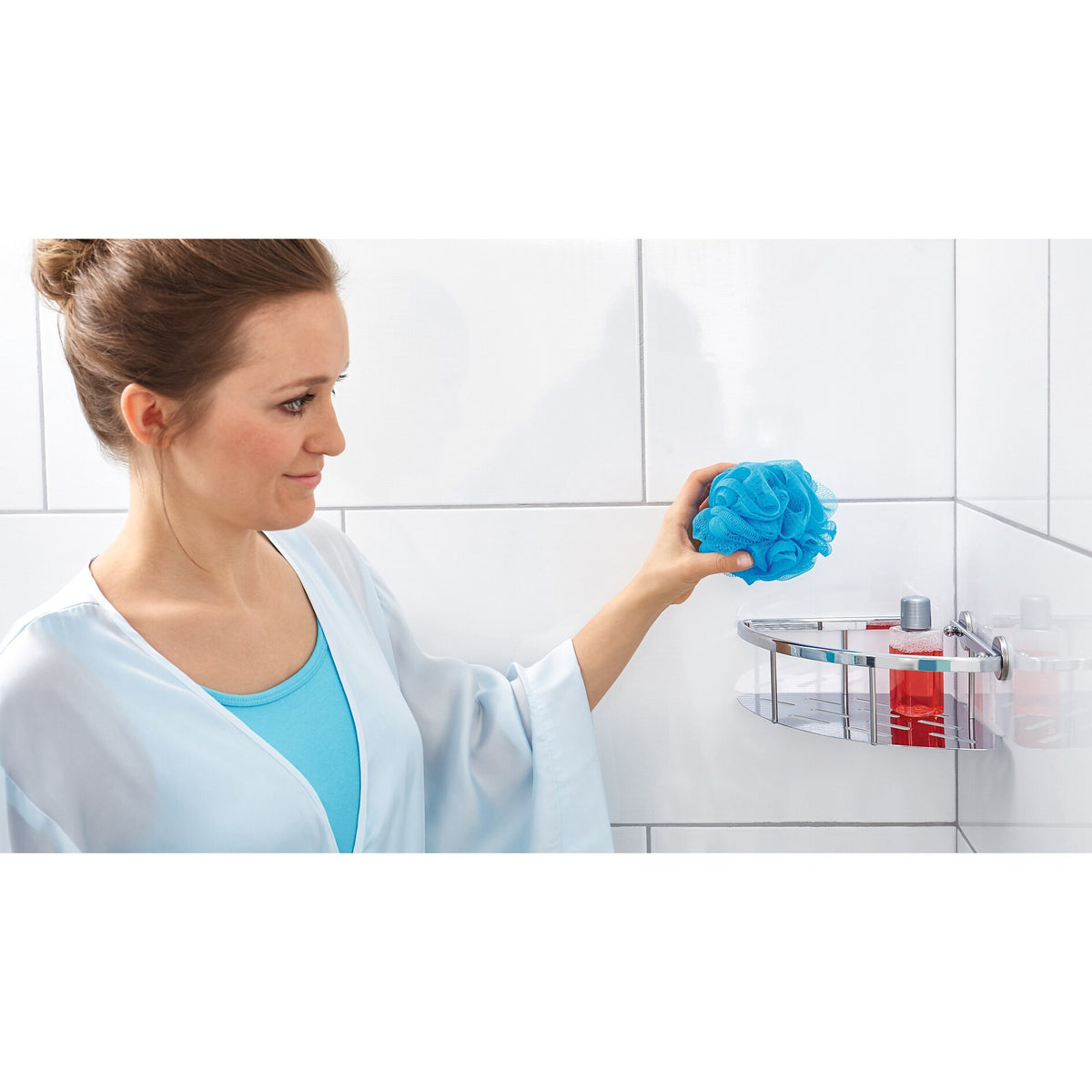Estante de esquina para ducha tesa ALUXX, de un solo nivel, de aluminio, cromado, solución adhesiva – Aplicación