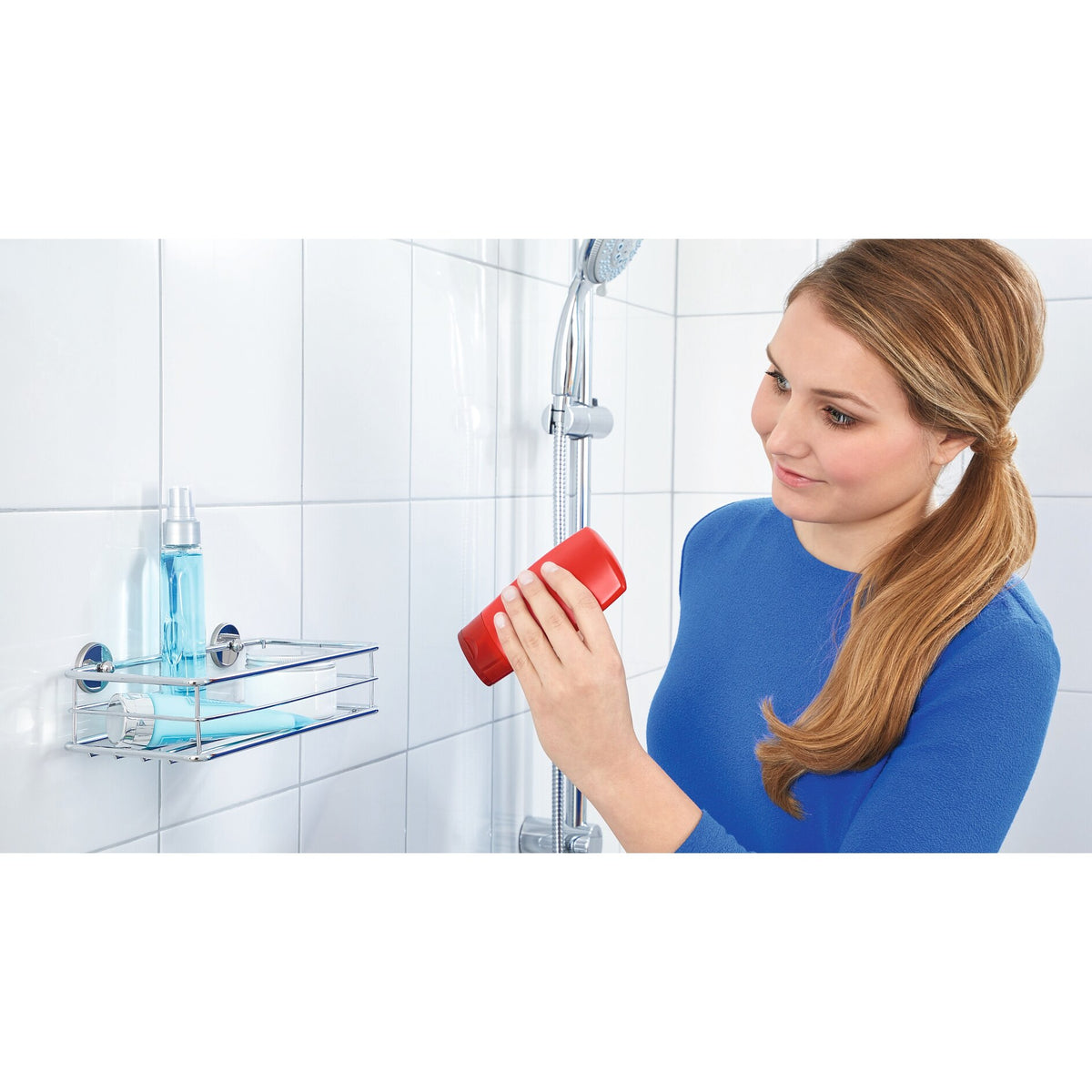 tesa BAATH Single-Tier Shower Shelf, Chrome-Plated, Includes Adhesive Solution – Instructions for Use