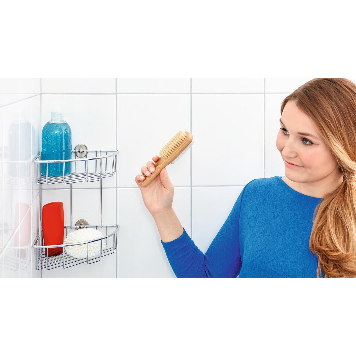 tesa BAATH Corner Shower Shelf, Chrome-Plated, Includes Adhesive Solution – Instructions for Use
