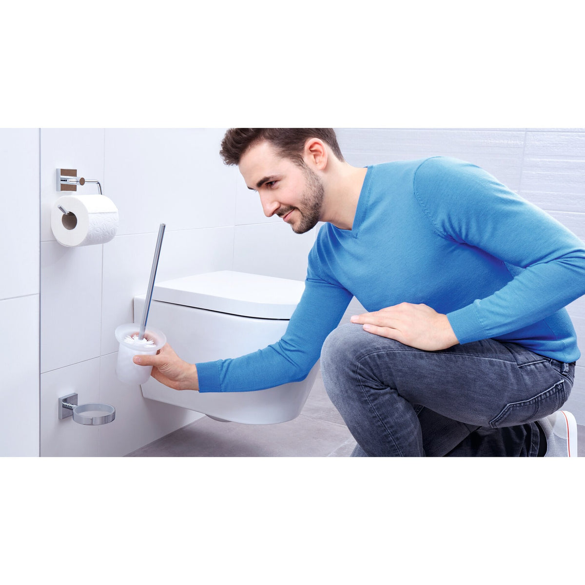 tesa EKKRO Toilet Brush Set, Chrome-Plated, Includes Adhesive Solution – Instructions for Use