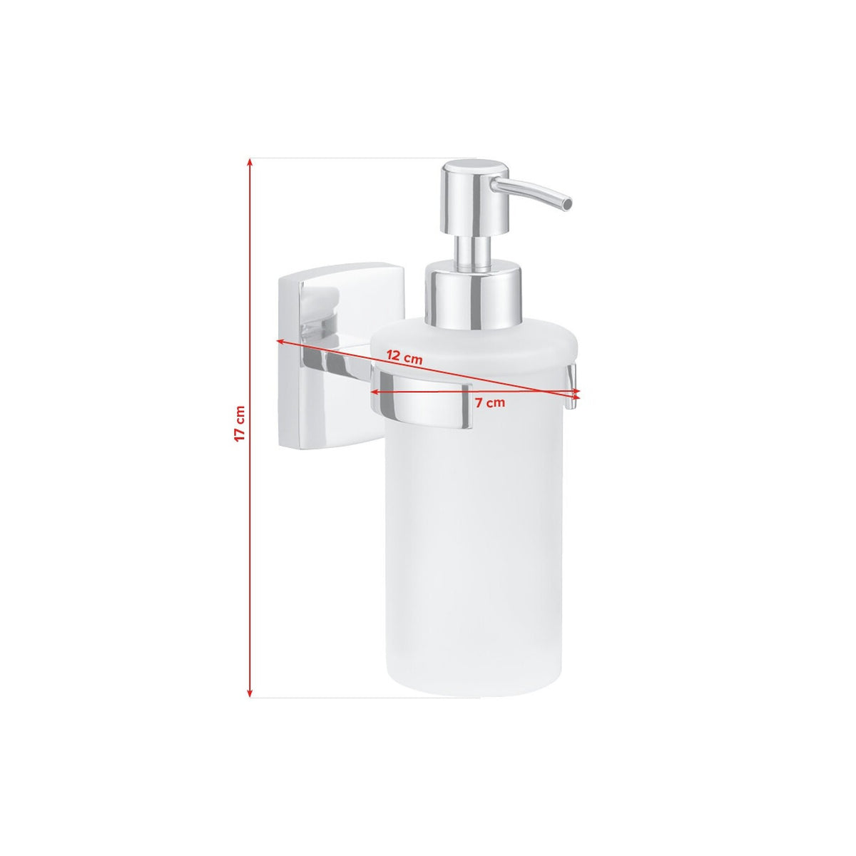 tesa Klaam Designer Soap Dispenser, Chrome-Plated, Includes Adhesive Solution – Dimensions