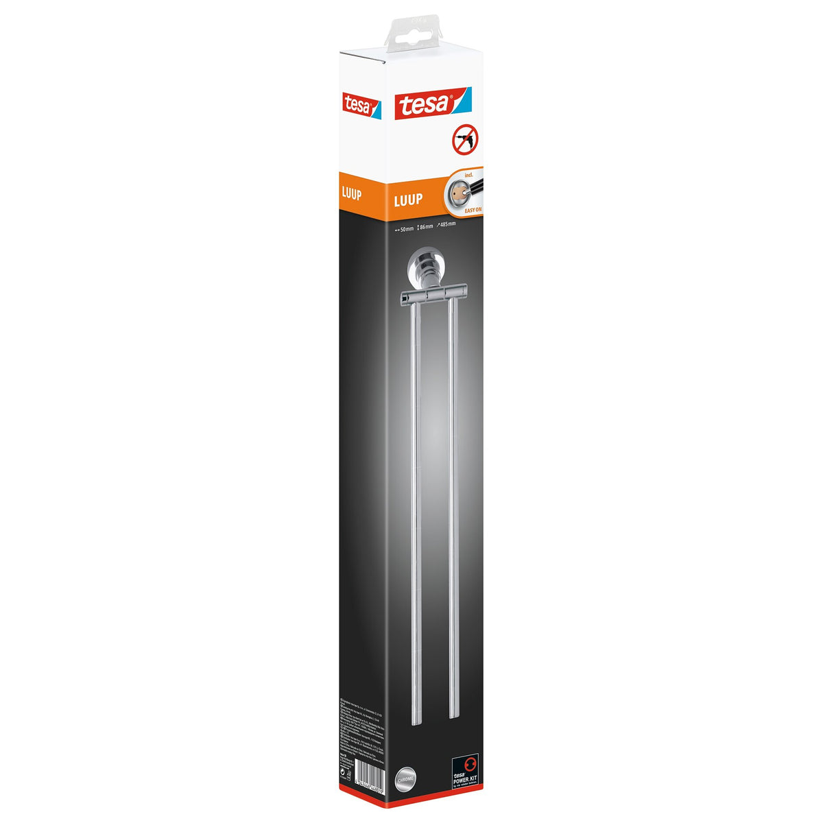 tesa Luup Towel Rack, 2-arm, chrome-plated, includes adhesive solution