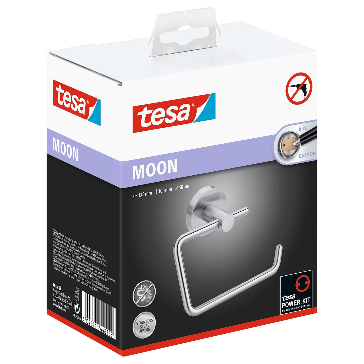 tesa MOON Toilet Paper Holder without Lid, Stainless Steel Finish, Includes Adhesive Solution